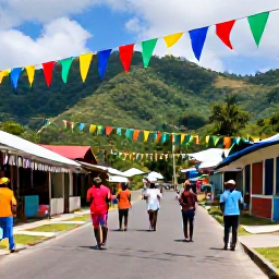 Caribbean Holidays, Dominica Tours July, A friendly Caribbean village in Dominica decorated for summer carnival in July, with colourful flags, local people and green hills in the background