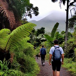 Caribbean Holidays, Dominica Tours July, Travellers hiking through dense tropical rainforest on a Dominica trail in July, surrounded by ferns, palms and misty volcanic hills