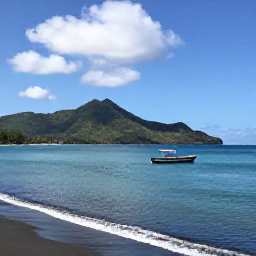 Caribbean Holidays, Dominica Tours May, Black sand beach and clear Caribbean sea on Dominica in May, with a small boat and green hills in the background