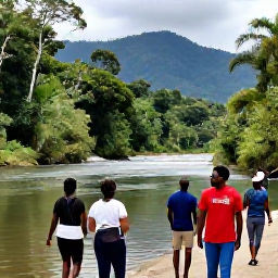 Caribbean Holidays, Dominica Tours May, Happy travellers enjoying a guided Dominica tour beside a rainforest river with mountains in the background
