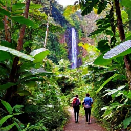 Caribbean Holidays, Dominica Tours October, Colourful rainforest trail in Dominica with lush green foliage, a small waterfall and two hikers exploring in October
