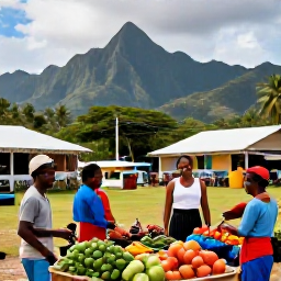 Caribbean Holidays, Dominica Tours October, Friendly Dominica village scene with a local market, colourful produce, smiling residents and tropical mountains behind