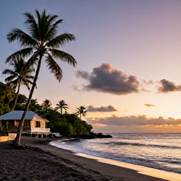 Caribbean Holidays, Dominica Tours October, Peaceful black-sand beach in Dominica at sunset, with palm trees, calm sea and a small boutique hotel nearby