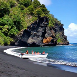 Caribbean Holidays, Dominica Tours, Travellers enjoying a small boat excursion beside Dominica's rugged coastline, with black volcanic beaches, turquoise water and forested cliffs