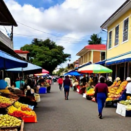 Caribbean Holidays, Dominica Tours, Visitors exploring Roseau market and historic streets in Dominica, with colourful produce, local crafts and Caribbean architecture