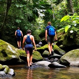 Caribbean Holidays, Dominica Walking, Hikers walking through dense Dominica rainforest beside a clear stream, with mossy rocks and tropical foliage