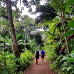 Caribbean Holidays, Dominica Walking Holidays, A bright green rainforest trail in Dominica during May, with hikers walking beneath tropical trees and soft morning light