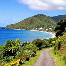 Caribbean Holidays, Dominica Walking Holidays, A coastal walking trail in Dominica overlooking the Caribbean Sea, with green hills and a quiet village nearby