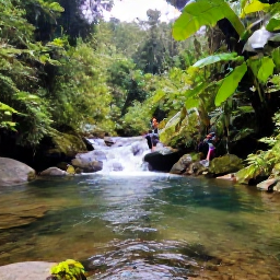 Caribbean Holidays, Dominica Walking Holidays, A February rainforest walk in Dominica beside a clear river and small waterfall, with tropical plants and hikers resting nearby