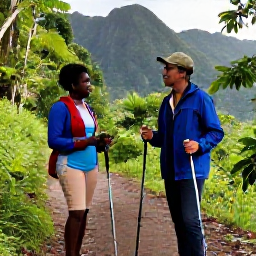 Caribbean Holidays, Dominica Walking Holidays, A friendly guide briefing walkers beside a Dominica rainforest trail, with trekking poles, waterproof jackets and tropical mountains in the background