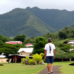 Caribbean Holidays, Dominica Walking Holidays, A friendly local guide leading walkers through Dominica&rsquo;s mountain countryside, with a Caribbean village and forested slopes in the background