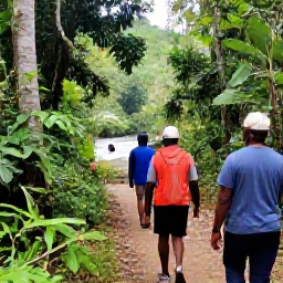 Caribbean Holidays, Dominica Walking Holidays, A friendly local guide walking with visitors on a Dominica trail near a river and tropical forest