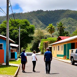 Caribbean Holidays, Dominica Walking Holidays, A friendly village street and local guide in Dominica, with tropical hills and walkers preparing for a June hike