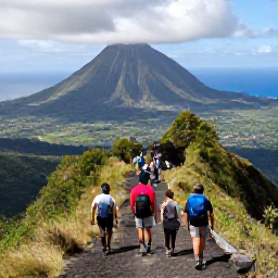 Caribbean Holidays, Dominica Walking Holidays, A guided group of walkers crossing a scenic Dominica mountain path with volcanic peaks, forest and the Caribbean Sea in the distance