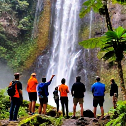 Caribbean Holidays, Dominica Walking Holidays, A guided group walking through Dominica's tropical rainforest towards a waterfall, with a knowledgeable local guide pointing out plants