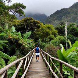 Caribbean Holidays, Dominica Walking Holidays, A lush Dominica mountain trail in August, with a friendly walker crossing a wooden bridge beside tropical rainforest and misty hills