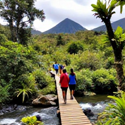 Caribbean Holidays, Dominica Walking Holidays, A lush Dominica rainforest trail in January, with walkers crossing a wooden bridge beside a clear stream and volcanic mountains in the background