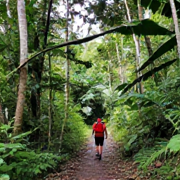 Caribbean Holidays, Dominica Walking Holidays, A lush Dominica rainforest trail in October, with hikers walking beneath emerald-green trees and soft tropical light