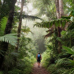 Caribbean Holidays, Dominica Walking Holidays, A lush rainforest trail in Dominica during June, with a hiker walking beneath tropical trees and soft morning light