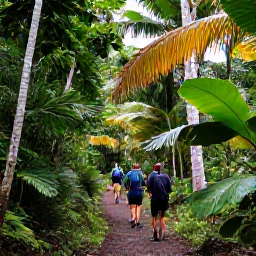 Caribbean Holidays, Dominica Walking Holidays, A lush rainforest trail in Dominica with hikers walking beneath tall palms and broad tropical leaves in soft April sunshine