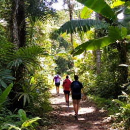 Caribbean Holidays, Dominica Walking Holidays, A lush rainforest trail in Dominica with hikers walking beneath tropical trees and filtered sunlight