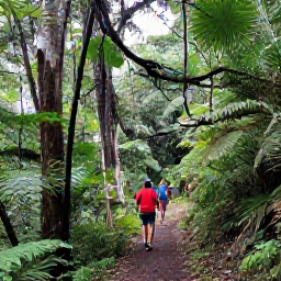 Caribbean Holidays, Dominica Walking Holidays, A lush rainforest trail in Dominica with hikers walking beneath tropical trees, ferns and hanging vines