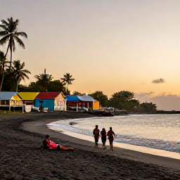 Caribbean Holidays, Dominica Walking Holidays, A peaceful Dominica seaside village at sunset with walkers relaxing near a black-sand beach and colourful Caribbean houses