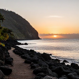 Caribbean Holidays, Dominica Walking Holidays, A quiet Dominica beach and coastal walking path at sunset, with volcanic cliffs and calm Caribbean water