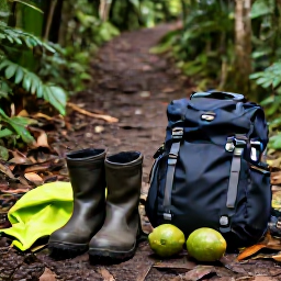 Caribbean Holidays, Dominica Walking Holidays, A relaxed Dominica walking holiday scene with sturdy boots, a daypack, tropical fruit and a waterproof jacket beside a rainforest trail