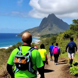 Caribbean Holidays, Dominica Walking Holidays, A rugged Dominica coastal hiking path above the Caribbean Sea, with walkers, tropical vegetation and distant mountain views