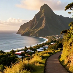Caribbean Holidays, Dominica Walking Holidays, A scenic coastal walking path in Dominica overlooking the Caribbean Sea, with green cliffs, a quiet village and warm late-afternoon light