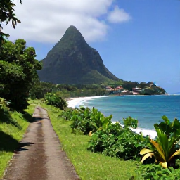 Caribbean Holidays, Dominica Walking Holidays, A scenic coastal walking path in Dominica overlooking the Caribbean Sea, with tropical hills and a small village in the distance