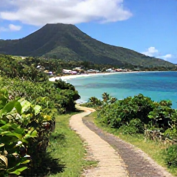 Caribbean Holidays, Dominica Walking Holidays, A scenic Dominica coastal walking path above turquoise water, with green hills and a small fishing village in the distance