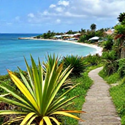Caribbean Holidays, Dominica Walking Holidays, A scenic Dominica coastal walking trail overlooking the Caribbean Sea, with tropical plants and a small fishing village in the distance