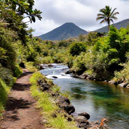 Caribbean Holidays, Dominica Walking Holidays, A scenic Dominica hiking path beside a clear river, with tropical vegetation and volcanic hills in the distance