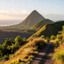 Caribbean Holidays, Dominica Walking Holidays, A scenic Dominica hiking trail overlooking volcanic hills, rainforest and the Caribbean Sea under soft morning light