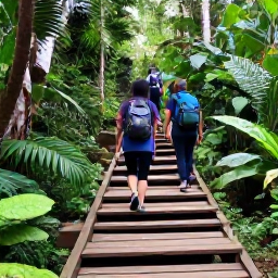 Caribbean Holidays, Dominica Walking Holidays, A scenic Dominica rainforest trail with wooden steps, tropical foliage and hikers carrying small day packs