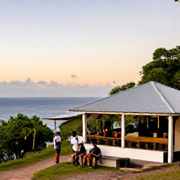 Caribbean Holidays, Dominica Walking Holidays, A welcoming Dominica village after a day's hike, with walkers relaxing at an open-air caf&eacute; near the sea as the afternoon light fades