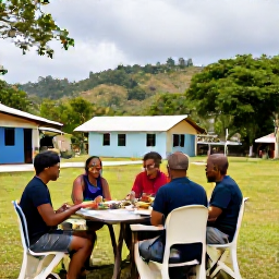Caribbean Holidays, Dominica Walking Holidays, Friendly Dominica walkers enjoying a relaxed meal and conversation in a small Caribbean village after a day's hike