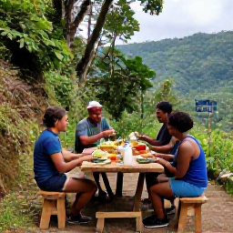 Caribbean Holidays, Dominica Walking Holidays, Friendly hikers enjoying a simple outdoor lunch beside a Dominica trail, surrounded by rainforest and mountain scenery