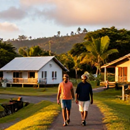 Caribbean Holidays, Dominica Walking Holidays, Friendly travellers enjoying a relaxed evening in a Dominica village after a day of walking, with local food and warm Caribbean light