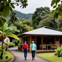 Caribbean Holidays, Dominica Walking Holidays, Friendly walkers relaxing at a small Dominica village caf&eacute; after a rainforest hike, with tropical scenery around them