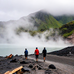 Caribbean Holidays, Dominica Walking Holidays, Hikers approaching Boiling Lake in Dominica through misty volcanic terrain and rugged green mountains