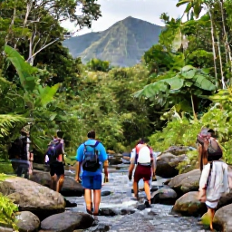 Caribbean Holidays, Dominica Walking Holidays, Hikers crossing a clear stream on a forest trail in Dominica, surrounded by lush vegetation and volcanic mountains