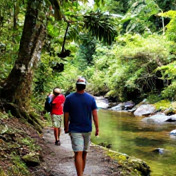 Caribbean Holidays, Dominica Walking Holidays, Hikers crossing a rainforest path beside a clear river in Dominica, surrounded by dense tropical vegetation