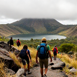 Caribbean Holidays, Dominica Walking Holidays, Hikers crossing the volcanic landscape of Dominica near Boiling Lake, with misty hills and a rugged trail in June