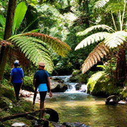 Caribbean Holidays, Dominica Walking Holidays, Hikers walking through dense Dominica rainforest beside a clear stream, tropical ferns and filtered November sunlight