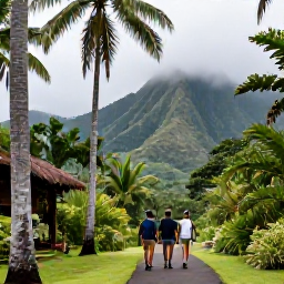 Caribbean Holidays, Dominica Walking Holidays, Hikers walking through lush rainforest on Dominica beneath tall palms, with misty green mountains in the background