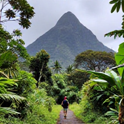 Caribbean Holidays, Dominica Walking Holidays, Misty mountain rainforest trail in Dominica during November, with lush green vegetation, volcanic peaks and a lone hiker