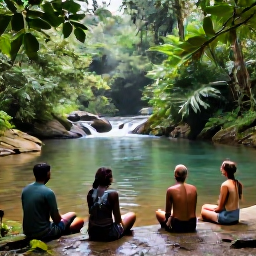 Caribbean Holidays, Dominica Walking Holidays, Travellers resting beside a warm natural river pool in Dominica after a rainforest walk, with tropical forest and gentle steam